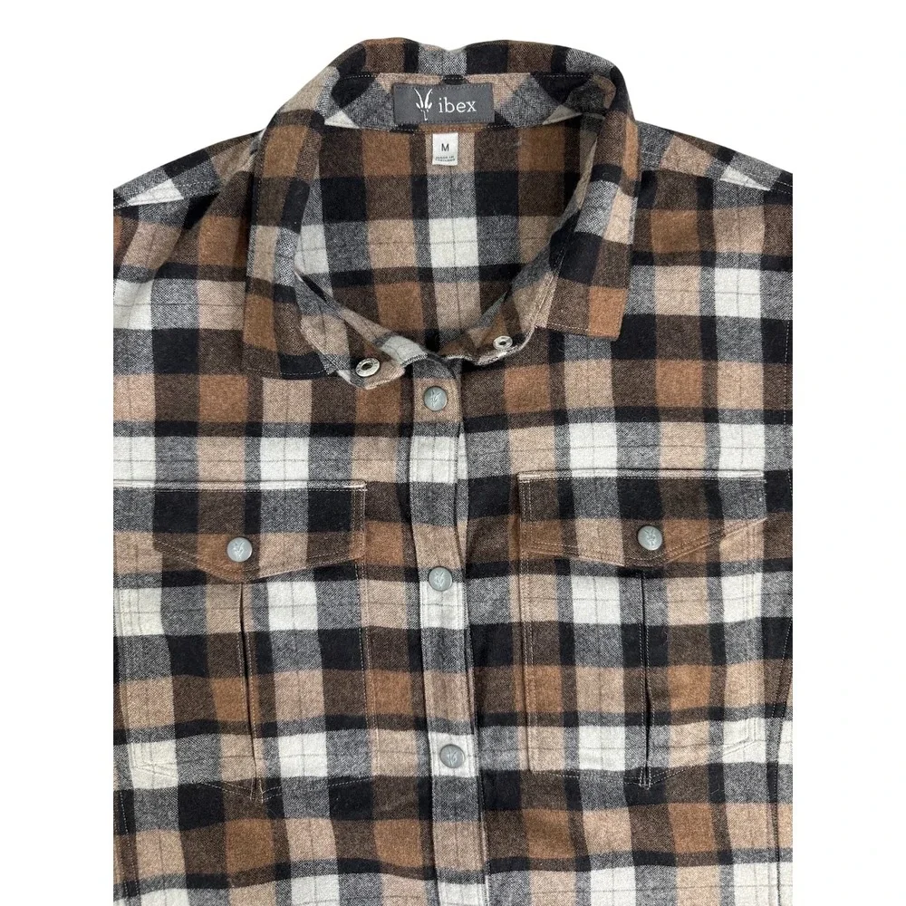 Ibex Taos Brown Plaid Flannel Snap Button Up Shirt Pockets Wool Outdoor Womens M